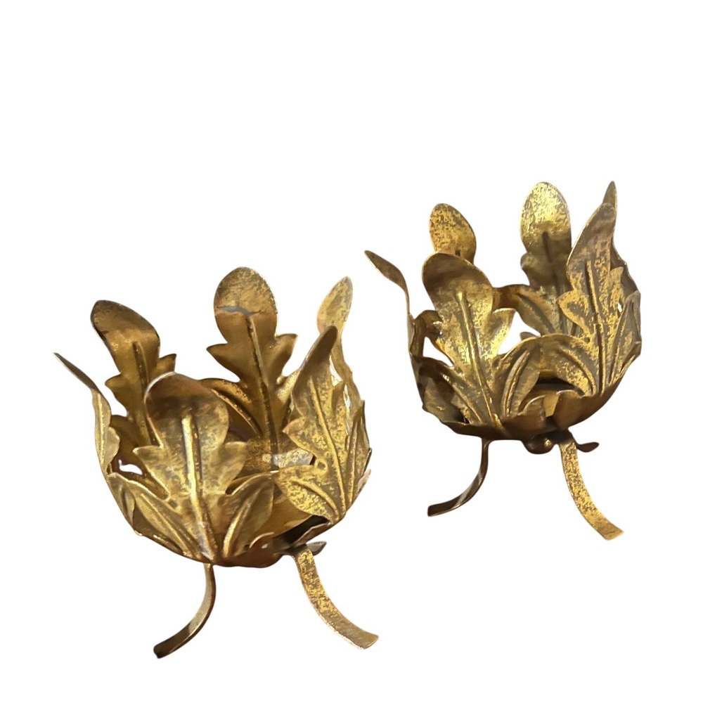 Rare Vintage Brass Leaf Candle Plant Holders Hollywood Regency Set of 2 Gol